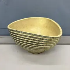 4F 和モダン 菓子鉢 鉢 陶器 ボーダー 三角鉢 黄瀬戸風 レトロ ビンテージ