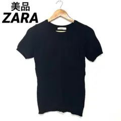 美品【ZARA】 テクスチャー仕上げ 半袖ニットトップス Mブラック×ブルー