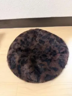 ブラウン レオパード柄 ベレー帽 アンゴラ ウール 豹柄 ブラック