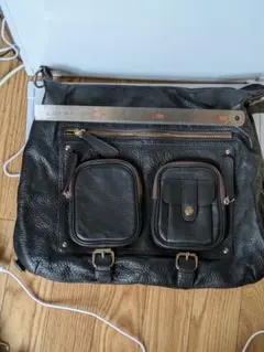 本革 シボ革 2WAY ショルダーバッグ ブラック 金具ゴールド 付属品完備