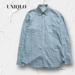 Y5897【ユニクロ】長袖チェックシャツ ボタンダウン 定番着回し 水色 M