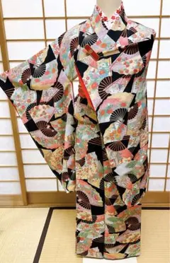 七五三 女の子 7歳用 晴れ着 大四つ身 正絹 縮緬地小紋柄 扇面柄 未使用品