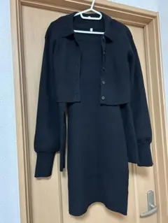 ブラックリブ編みカーディガン＆ドレスセット