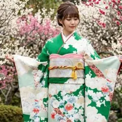 振袖　完全フルセット　24点　成人式　結婚式　前撮り　緑　グリーン　銀　シルバー