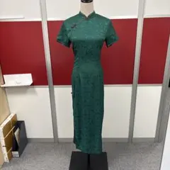 チャイナドレス グリーン 花柄 ジャガード 半袖 ロング丈s-M