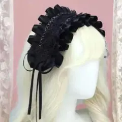 ヘッドドレス 黒 ブラック リボン フリル レース 韓国雑貨 ハロウィン パンク