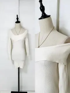 オフショルダーリブ編み長袖トップス / White Dress