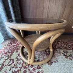ビンテージ ラタン×ガラス サイドテーブル φ57㌢ レトロ ナチュラル