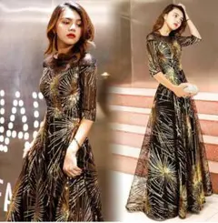 ブラック/ゴールド 星形刺繍 マキシドレス