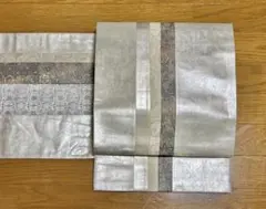 洒落袋帯 西陣織 正絹 切りばめ 引箔 白地 紫 中古 ホワイト yzk621