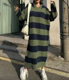 シーイン　ストライプニットワンピース（オリーブグリーン・ネイビー）オーバーサイズ