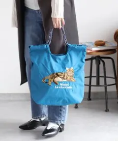 ミニュエット 猫刺繍 エコバッグ 青　アニマル刺繍コードトート