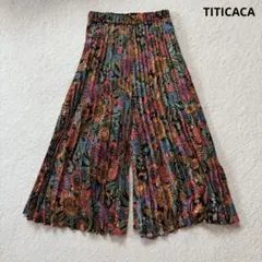 【美品】TITICACA ボタニカル柄プリーツパンツ　総柄　黒　個性的　派手　Fのサムネイル