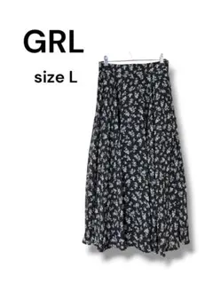 GRL 花柄 フレア ロングスカート シアーブラック Lウエストゴムゆったり