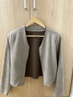 ノーカラージャケット スエード風 グレー