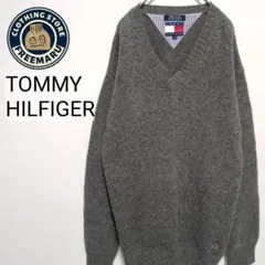 トミーヒルフィガー　Vネックニット　90's　ウール100%　刺繍　グレー　M