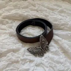ブラウン アンティーク風 レザー 蝶バックル ベルト