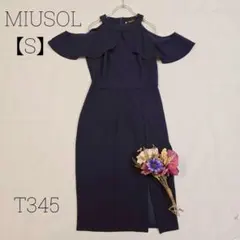 ミユソル　フリルドレス　エレガント　ロング丈　お呼ばれ　紺　ネイビー　【S】