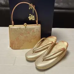 《未使用》佐賀錦　草履バッグセット　東京芝山ブランド　正絹　ゴールド　厚底