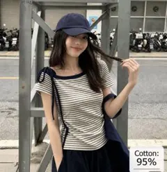 ボーダー柄 リボン付き 半袖トップス