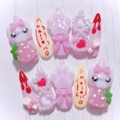 No.779　ネイルチップ 現品 量産型 地雷系 サブカル 平成女児 猫 ピンク