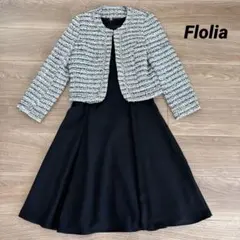フロリア ツイードノーカラージャケット フレアワンピース セレモニースーツ 黒