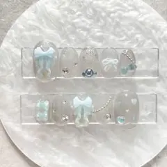 【サイズオーダー専用】水色 推し活 青 リボン ハート ネイルチップ