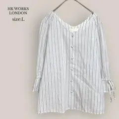 【エイチケーワークスロンドン】ノーカラーシャツ　ストライプ　長袖　Vネック