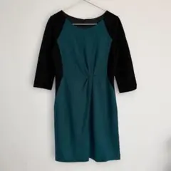 クードシャンス バイカラー ウール混ワンピース 膝丈 グリーン×ブラック