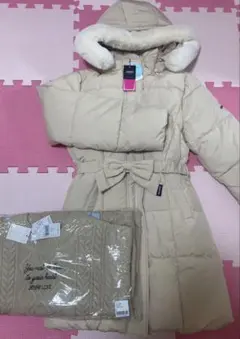 新品　160 ジェニィラブ　リボンベルト中綿コート　ニットワンピース