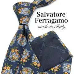 【美品】Salvatore Ferragamo リーフ シカ 総柄 ネイビー 花