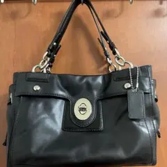 美品COACH Leather Turn Lock Tote Bag Black