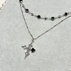 ゴシッククロス十字架ロザリオ2連ネックレス黒ブラックシルバーカラーグレー