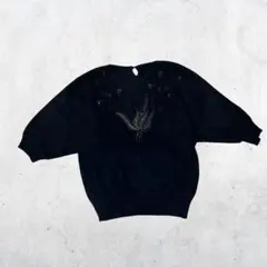 レトロ 個性派 刺繍ビーズニット アンゴラ混 黒 ドルマン袖