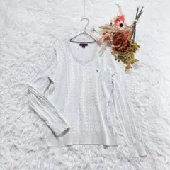 トミーヒルフィガー ケーブル編みコットンニット ロゴ刺繍 薄手 春服 無地