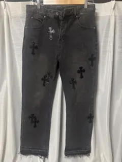 ☆超希少 ASIDE idiot クロスレザーパッチ ブラックデニムパンツ 