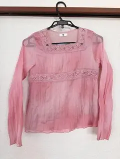 ピンク シフォン 刺繍 長袖トップス