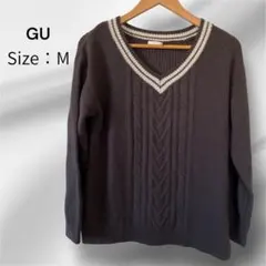 GU レディース ケーブルチルデンセーター ブラウン Vネック Mサイズ