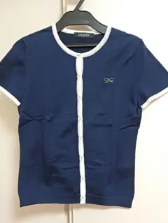 リトルニューヨーク　ネイビー 半袖ニットカーディガン リボン刺繍