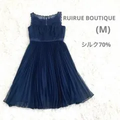 プリーツワンピース　シルク混　紺　ネイビー　ビーズ　結婚式　二次会　ワンピース