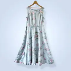ローラアシュレイ　ワンピース　リネン　花柄　水色　ヴィンテージ