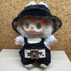 ラブブ 着せ替え服 秋冬 黒　オーバーオール チェック柄ハット くまワッペン05