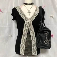 y2k ゴスロリ 姫ギャル ホラゲ 小悪魔系 ダークコア 前開きレースtopsのサムネイル