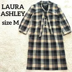 ローラアシュレイ ワンピース M チェック柄 ネイビー ベージュ コットン