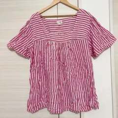 terra & sky レディース 半袖シャツ ピンク ストライプ【3X】リネン