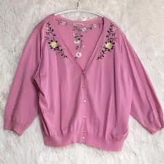 ローズティアラ カーディガン 46 大きいサイズ ピンク 花柄刺繍
