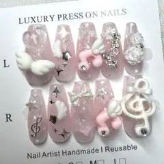 【現品】ネイルチップ　ウィッシュコア　ドット　ピンク×ホワイト　音符のサムネイル