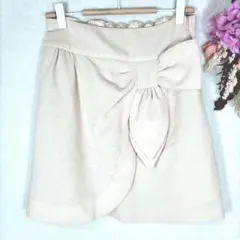 ひざ丈　ミニスカート　ウエストリボン　バックウエストゴム　巻きスカート風　裏地有