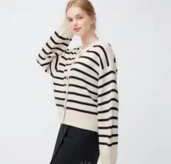 美品　GU ジーユー　ミドルゲージクルーネックカーディガン　長袖　ボーダー