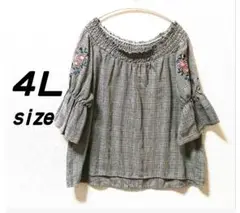 ４Ｌ ブラウン チェック 袖花柄 2way カットソー 大きいサイズ